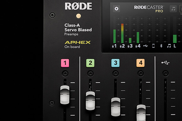 RØDECaster Pro channel faders and meters with signal