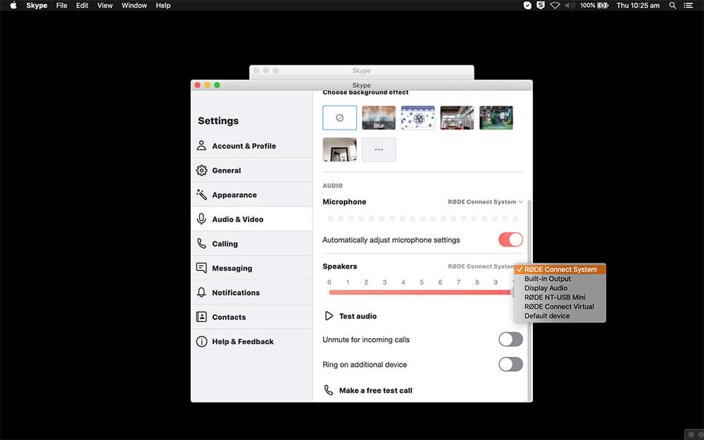 Google Hangouts audio settings with RØDE Connect System selected