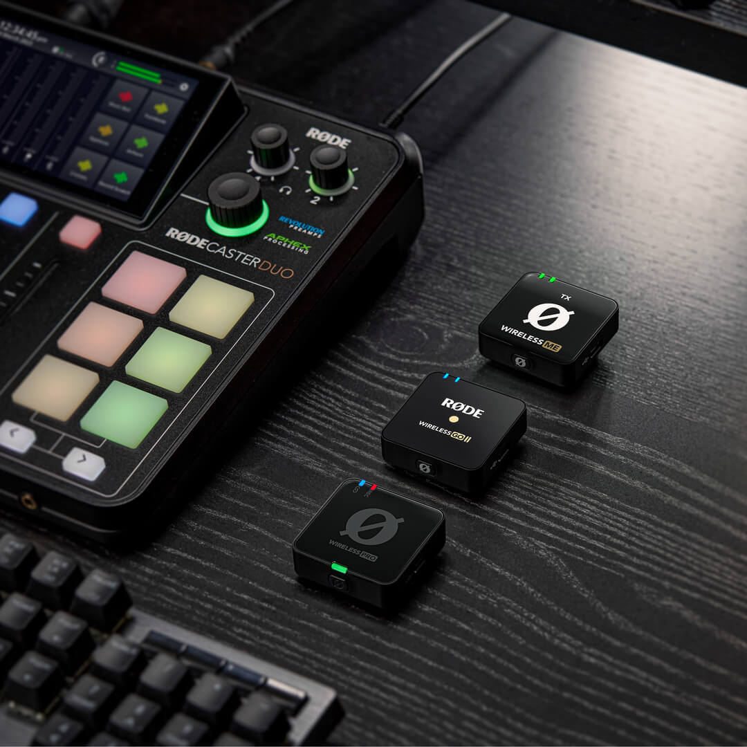 Wireless ME, Wireless GO II and Wireless PRO transmitters next to RØDECaster Duo