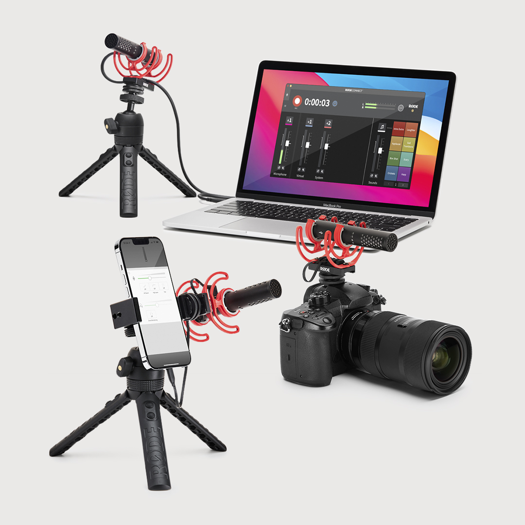 A camera, laptop, mobile phone - all with VideoMic GO II