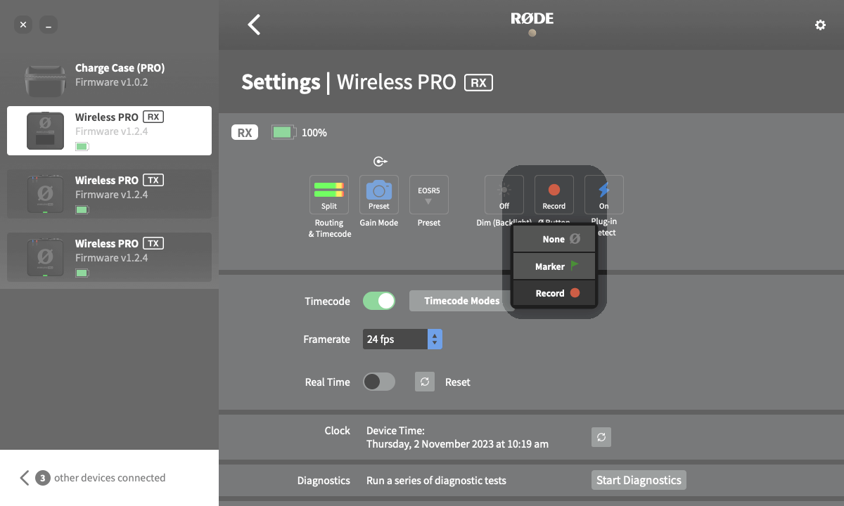 Wireless PRO Ø button configuration in RØDE Central