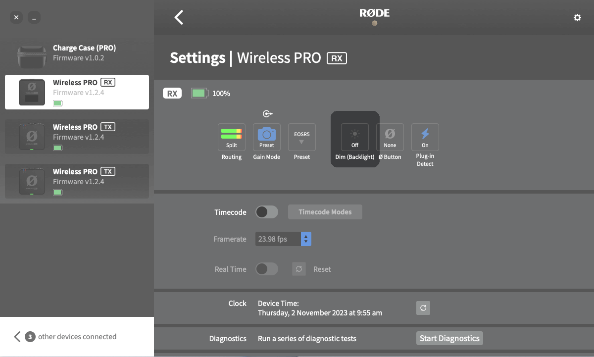 Wireless PRO backlight option in RØDE Central