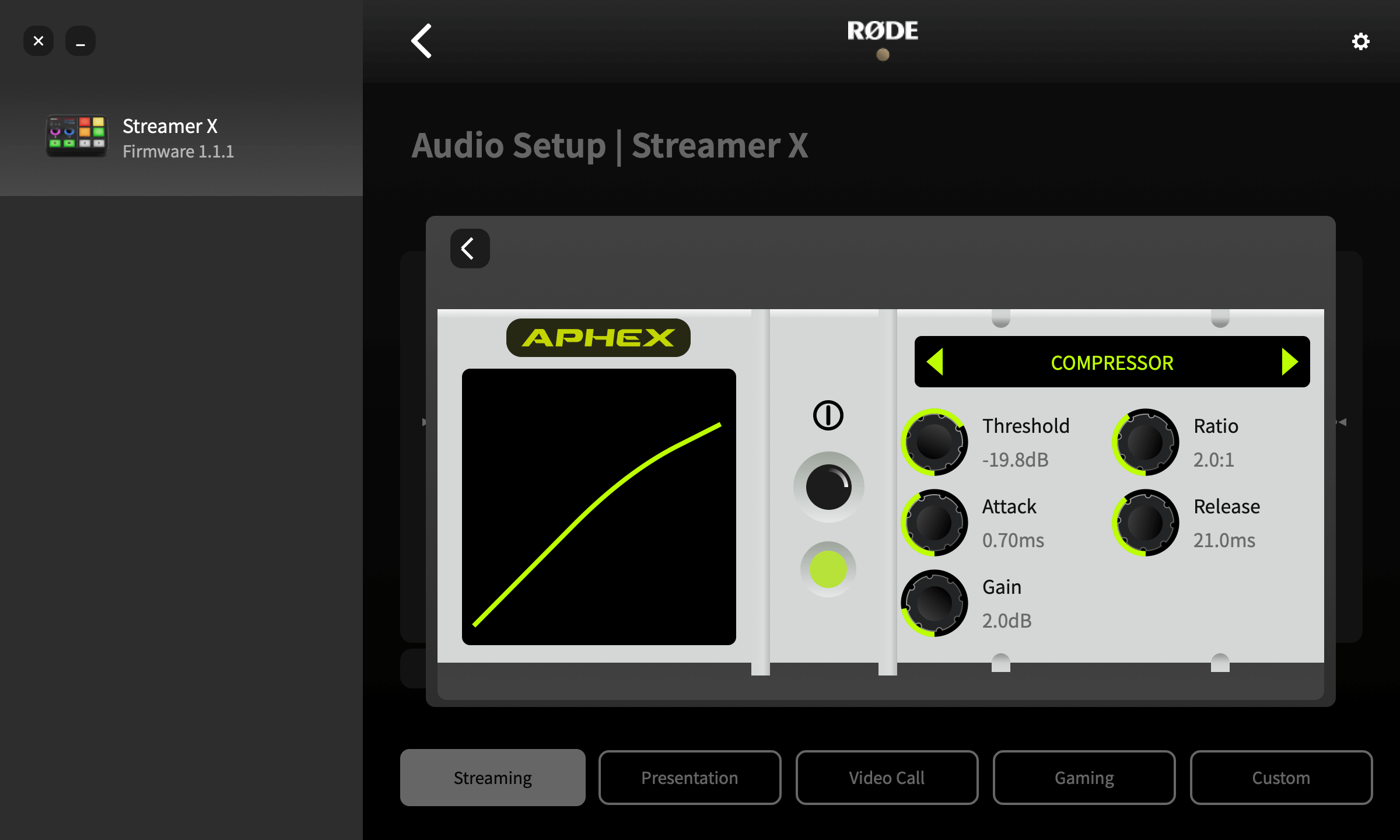 RØDE Central showing Streamer X compressor settings