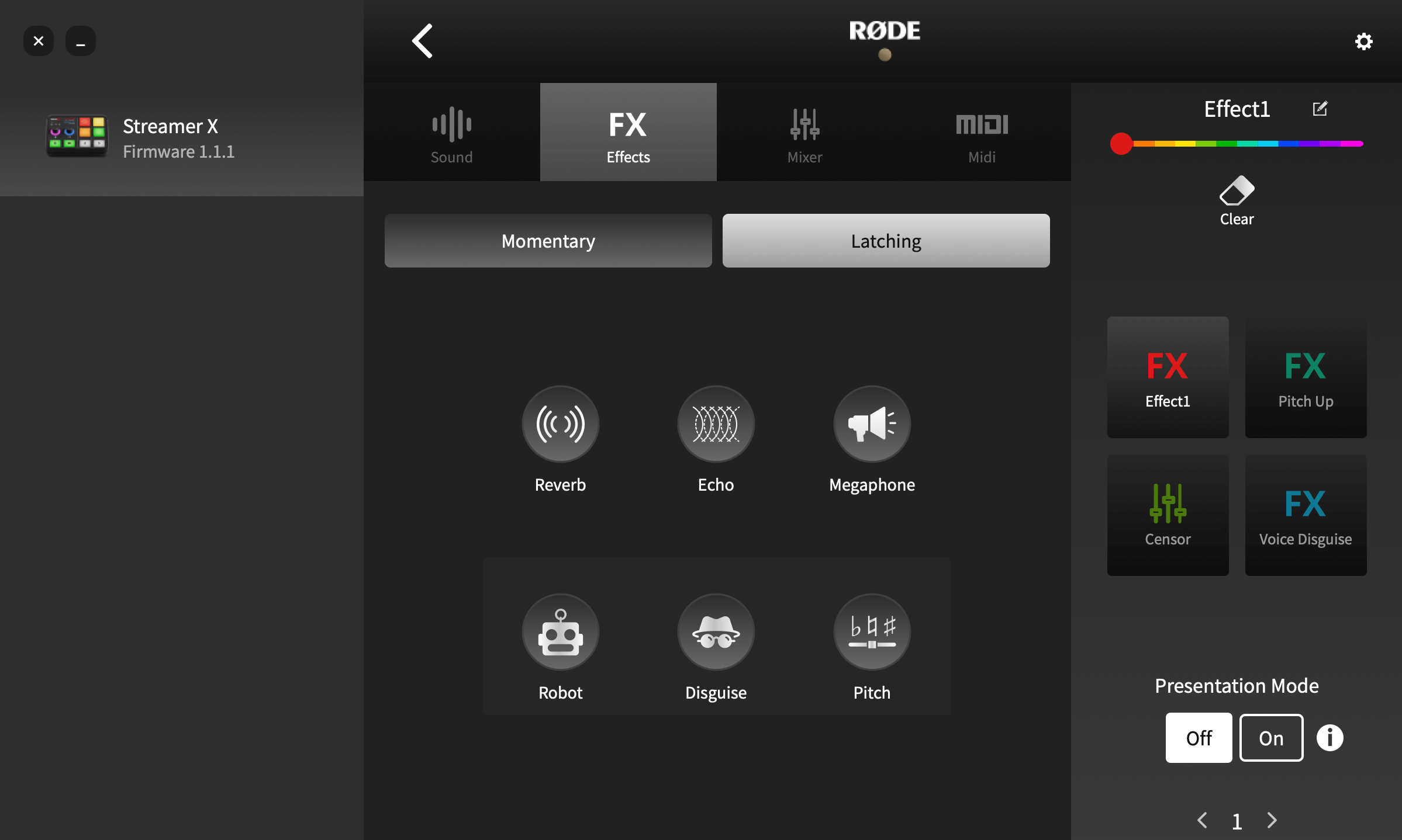 RØDE Central showing Streamer X FX pad setup