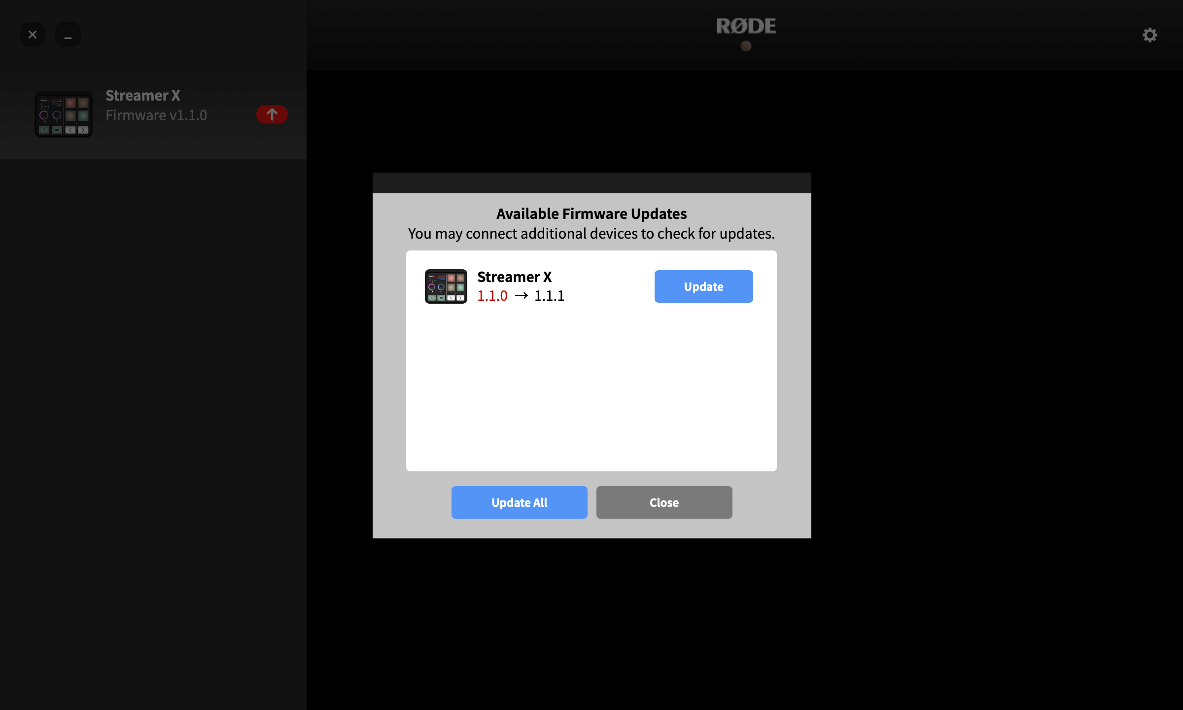 RØDE Central showing firmware update available for Streamer X