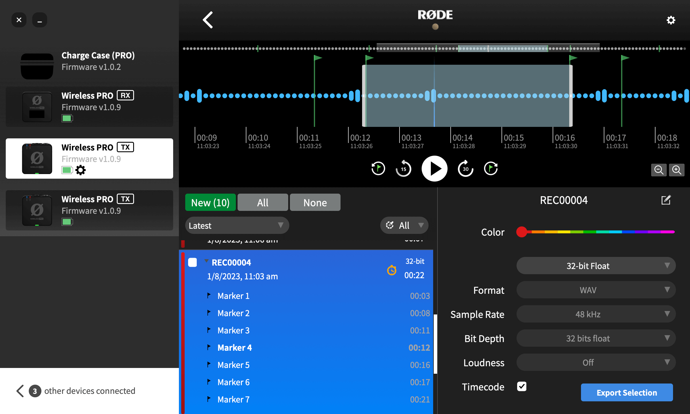 Markers in Wireless PRO recording in RØDE Central