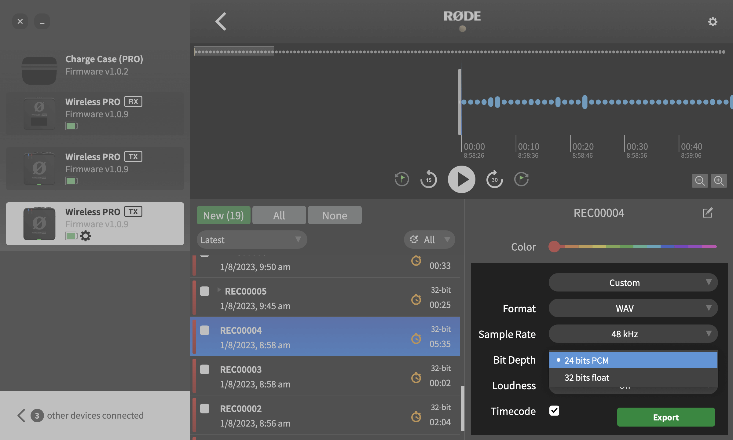 Bit depth export settings for Wireless PRO in RØDE Central