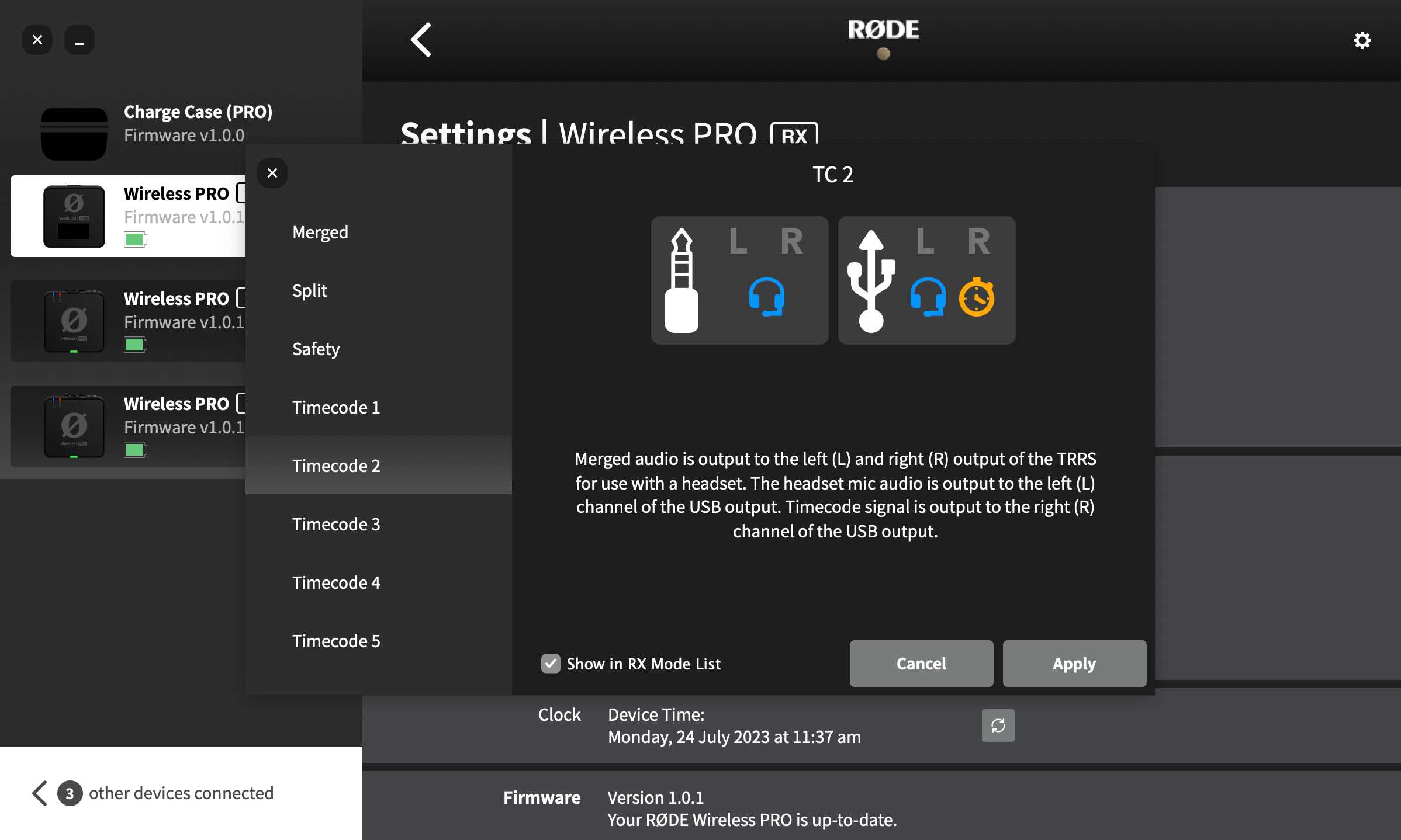 Wireless PRO Timecode Mode 2 settings