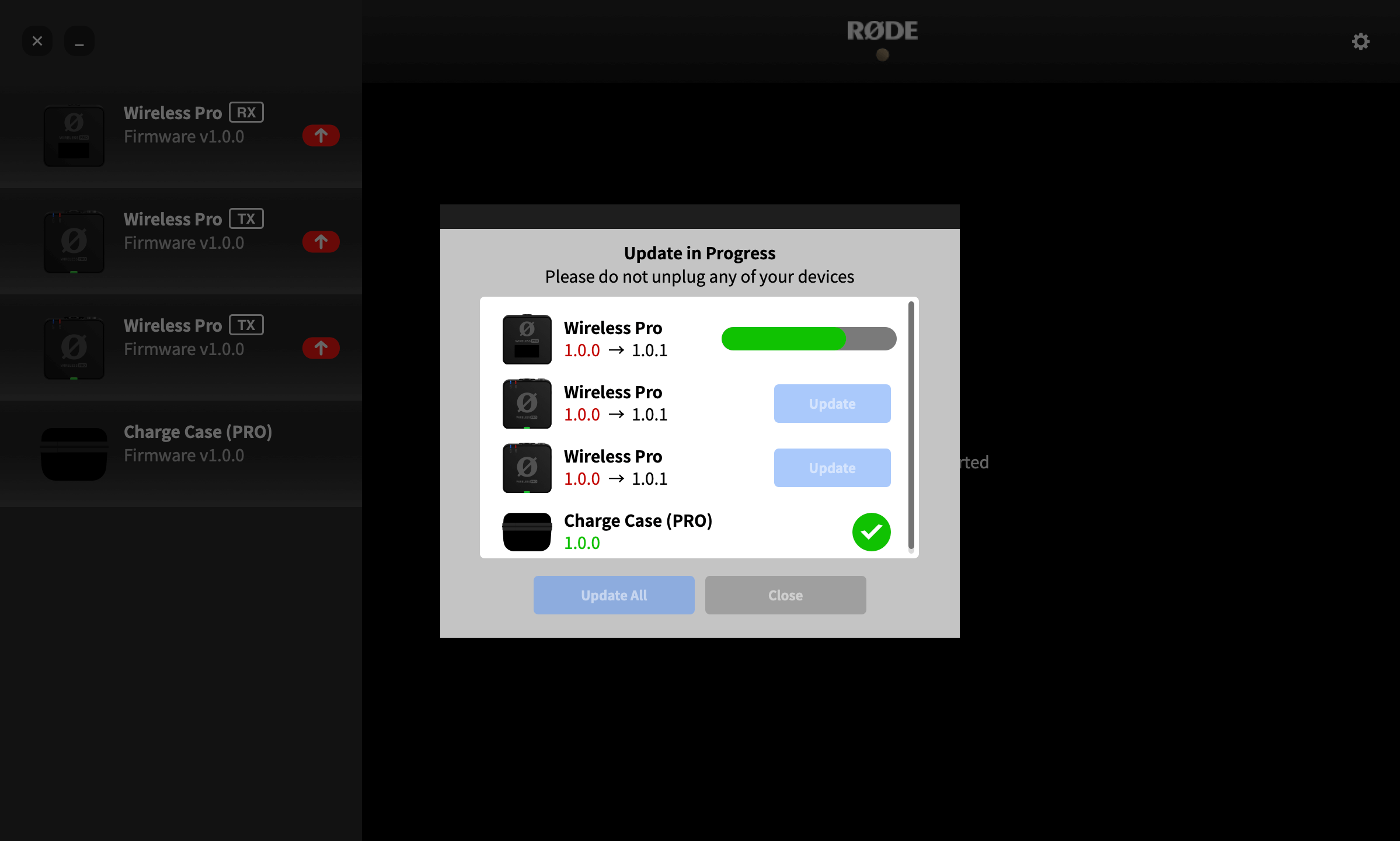Wireless PRO firmware updating via RØDE Central